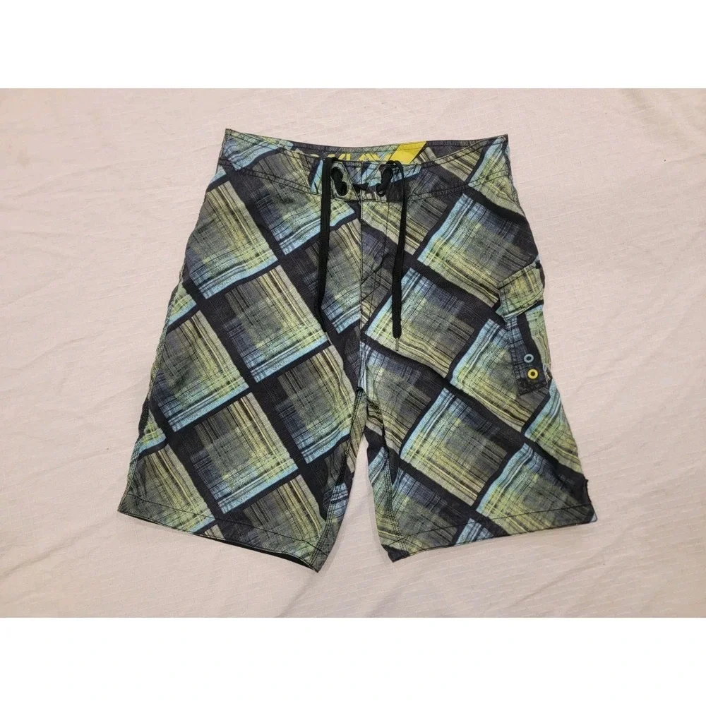 Oakley Board Shorts‎ Men 33 Plaid Geometric Surf Swim Trunks Y2K W/ Wax Comb